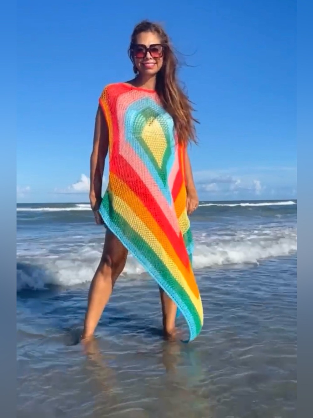 Multicolor Rainbow Knit Asymmetric Women’s Sweater